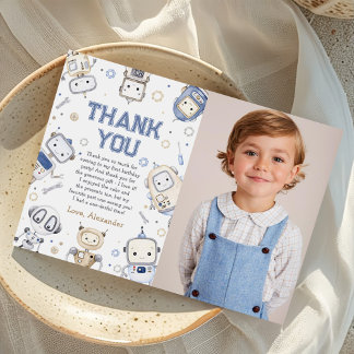 Watercolor Cute Robot Kids Birthday Party Photo Thank You Card