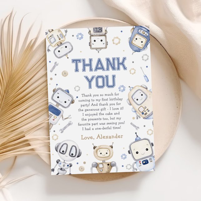 Watercolor Cute Robot Kids Birthday Party Thank You Card (Creator Uploaded)