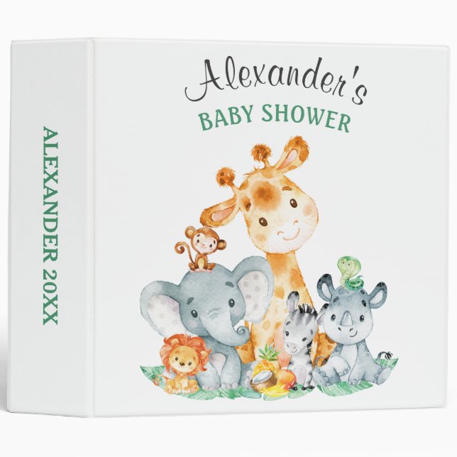 Watercolor Cute Safari Jungle Animals Baby Shower Binder (Front/Spine)