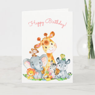 Watercolor Cute Safari Jungle Animals Birthday Card