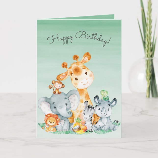 Watercolor Cute Safari Jungle Animals Birthday Card (Front)