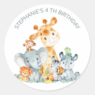 Watercolor Cute Safari Jungle Animals Birthday Classic Round Sticker