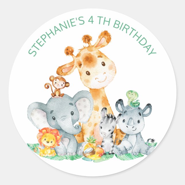 Watercolor Cute Safari Jungle Animals Birthday Classic Round Sticker (Front)