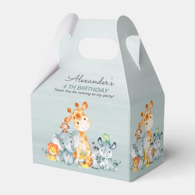 Watercolor Cute Safari Jungle Animals Birthday Favor Box (Front Side)