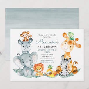 Watercolor Cute Safari Jungle Animals Birthday Invitation