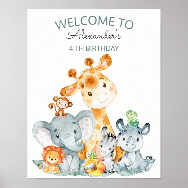 Watercolor Cute Safari Jungle Animals Birthday Poster (Front)