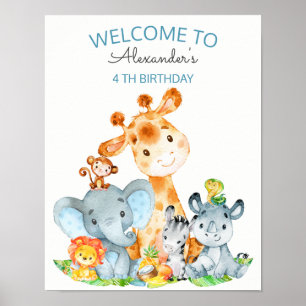Watercolor Cute Safari Jungle Animals Birthday Poster