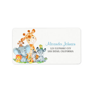 Watercolor Cute Safari Jungle Animals Boy Label