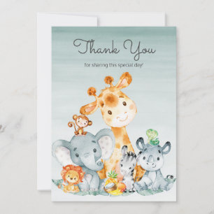 Watercolor Cute Safari Jungle Animals Thank You Card