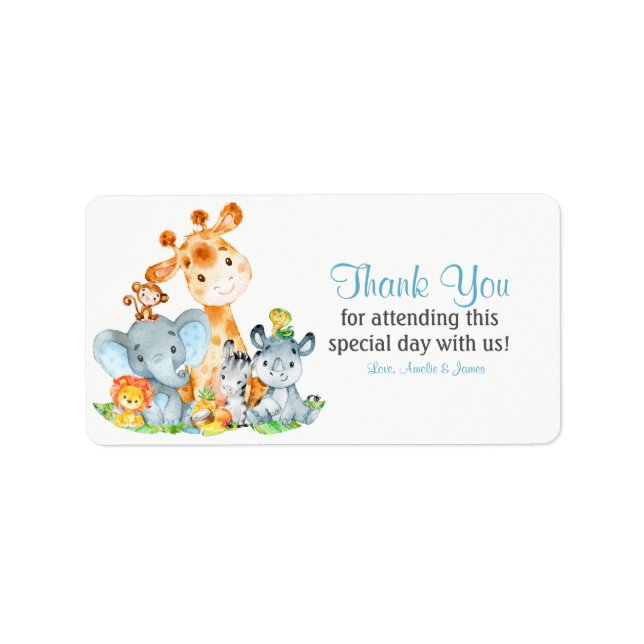Watercolor Cute Safari Jungle Animals Thank You Label (Front)