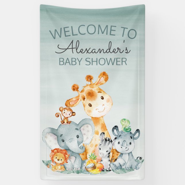 Watercolor Cute Safari Jungle Baby Shower Banner (Vertical)