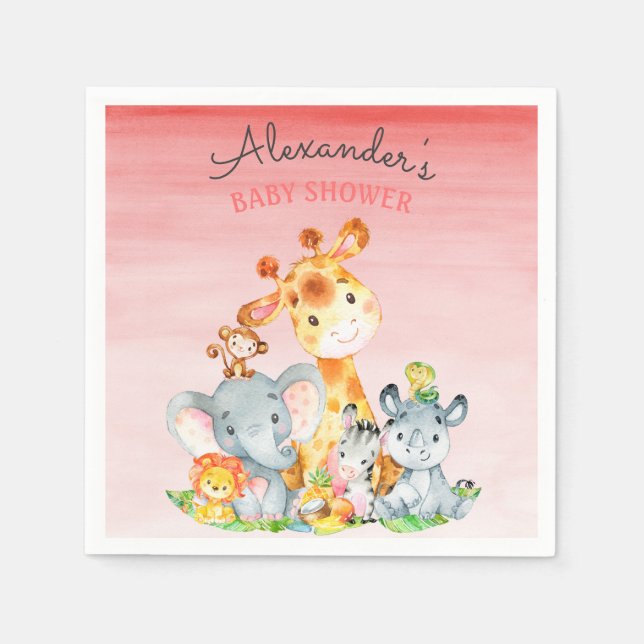 Watercolor Cute Safari Jungle Baby Shower Napkin (Front)