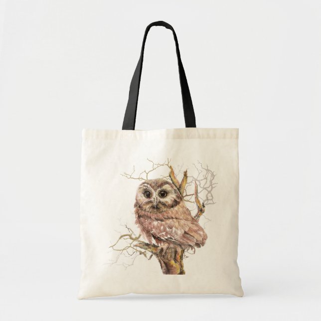 Watercolor Cute Saw Whet Owl, Bird Tote Bag (Front)