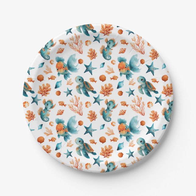 Watercolor Cute Sea Animals Festive Ocean Pattern  Paper Plate (Front)