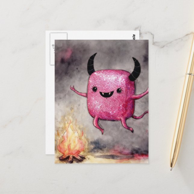 Watercolor Cute Shiny Pink Monster and a Campfire Postcard (Front/Back In Situ)