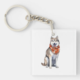 Watercolor Cute Siberian Husky Dog Keychain