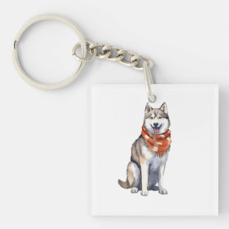 Watercolor Cute Siberian Husky Dog Keychain