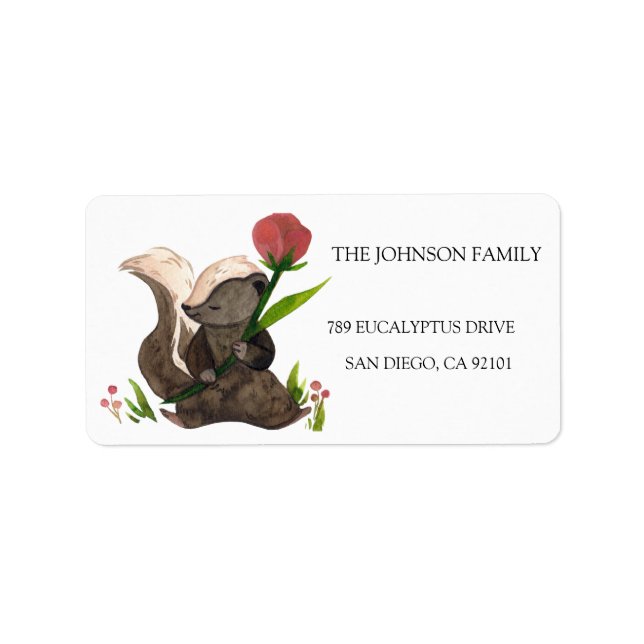 Watercolor Cute Skunk Rose Label (Front)