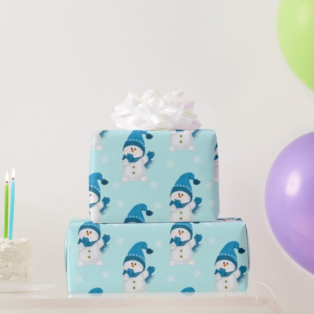 Watercolor Cute Snowman Blue Winter Pattern Wrapping Paper (Party Gifts)