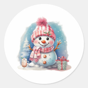 Watercolor Cute Snowman with Gift & Hot Chocolate Classic Round Sticker