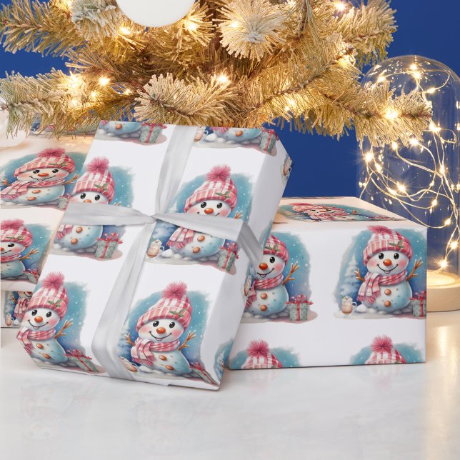 Watercolor Cute Snowman with Gift & Hot Chocolate Wrapping Paper (Holidays)