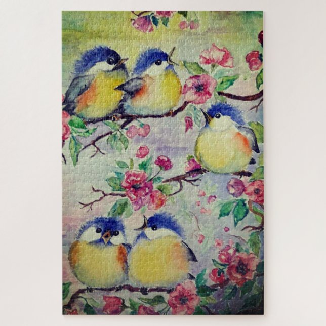 Watercolor - Cute Sparrows - Sweet Birds - Spring Jigsaw Puzzle (Vertical)