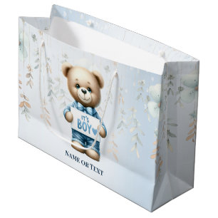 Watercolor Cute Teddy Bear Blue Floral Beautiful Large Gift Bag