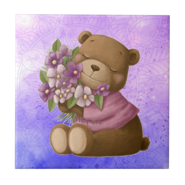Watercolor Cute Teddy Bear Bouquet Garden Flowers Tile (Front)