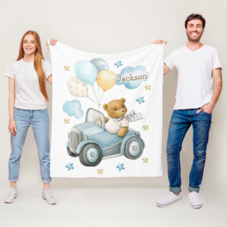 Watercolor cute teddy bear on the car fleece blanket