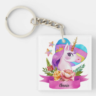 Watercolor Cute Unicorn Heart Custom Name Keychain