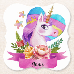Watercolor Cute Unicorn Heart Custom Name Paper Coaster