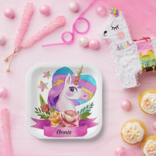 Watercolor Cute Unicorn Heart Custom Name Paper Plate