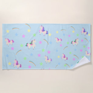 Watercolor cute Unicorn rainbow stars pattern  Beach Towel