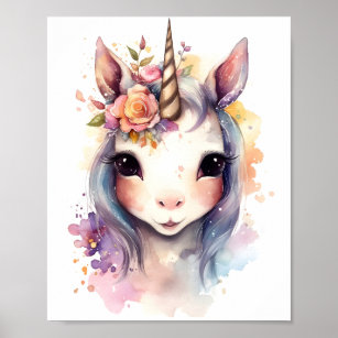 Watercolor Cute Unicorn With Colourful Flowers  Poster