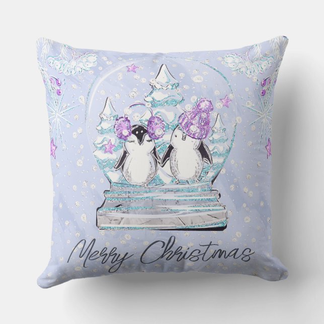 Watercolor Cute Winter Penguin Friends Snow Globe Throw Pillow (Back)
