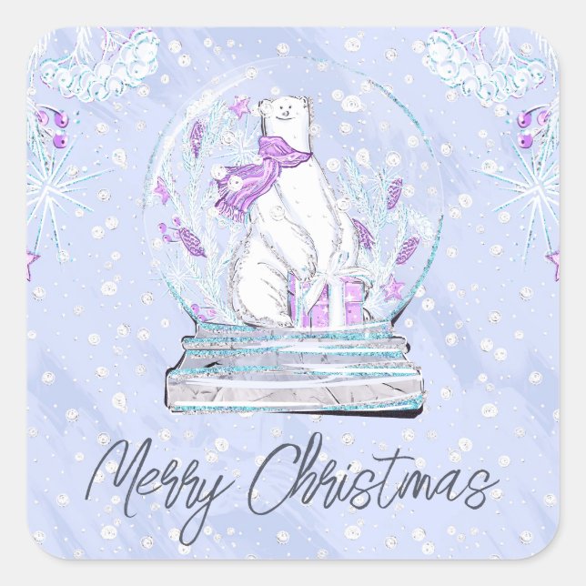 Watercolor Cute Winter Polar Bear Snow Globe Square Sticker (Front)