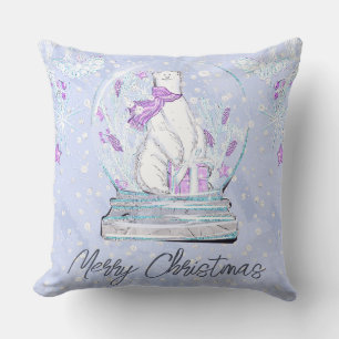 Watercolor Cute Winter Polar Bear Snow Globe Throw Pillow