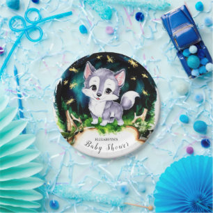 Watercolor Cute Wolf Baby Shower Paper Plate