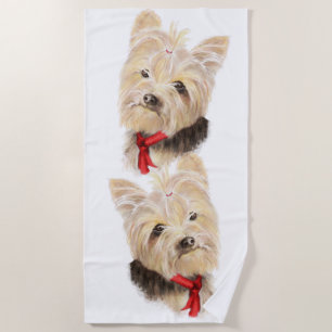 Watercolor Cute Yorkshire Terrier Yorkie dog Beach Towel