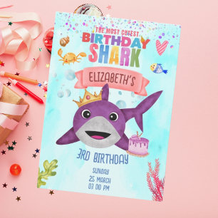 Watercolor Cutest Birthday Shark Birthday Party Invitation
