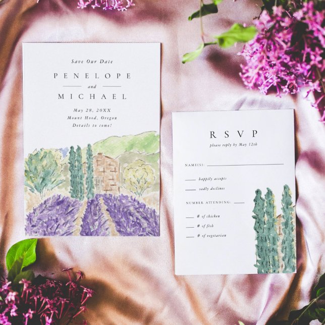 Watercolor Cypress Trees Wedding RSVP Card (Watercolor Lavender Fields destination wedding RSVP response card.)
