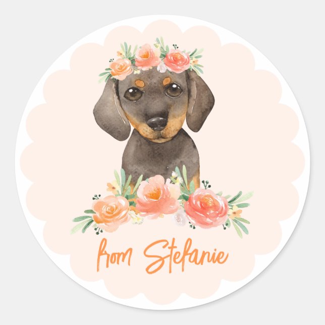 Watercolor Dachshund and Peach Flowers Birthday Classic Round Sticker (Front)