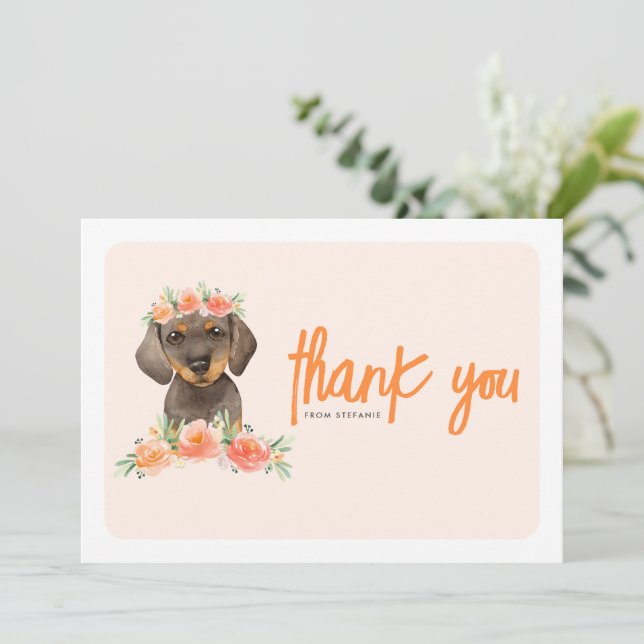 Watercolor Dachshund and Peach Flowers Birthday Thank You Card (Standing Front)