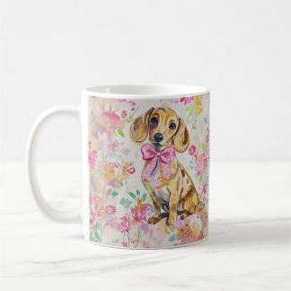 Watercolor Dachshund Coffee Mug Pink Florals