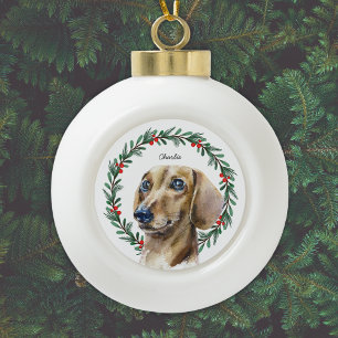 Watercolor Dachshund Holiday Wreath Personalized Ceramic Ball Christmas Ornament
