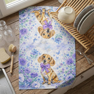Watercolor Dachshund Purple Floral  Kitchen Towel