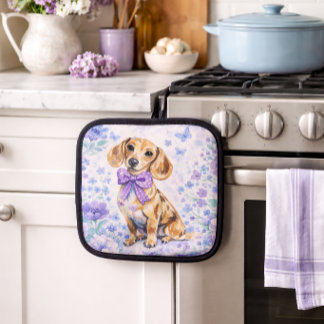 Watercolor Dachshund Purple Floral  Pot Holder