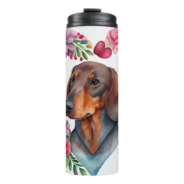 Watercolor Dachshund Surrounded by Colourful Heart Thermal Tumbler (Front)