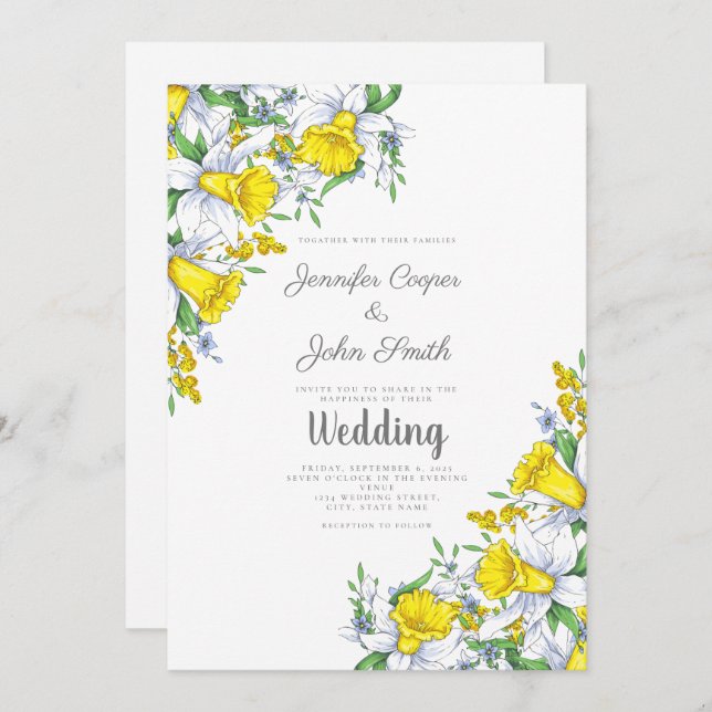 Watercolor Daffodil Floral Wedding  Invitation (Front/Back)