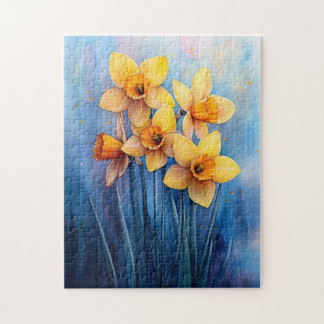 Watercolor Daffodils Blue Background Jigsaw Puzzle (Vertical)